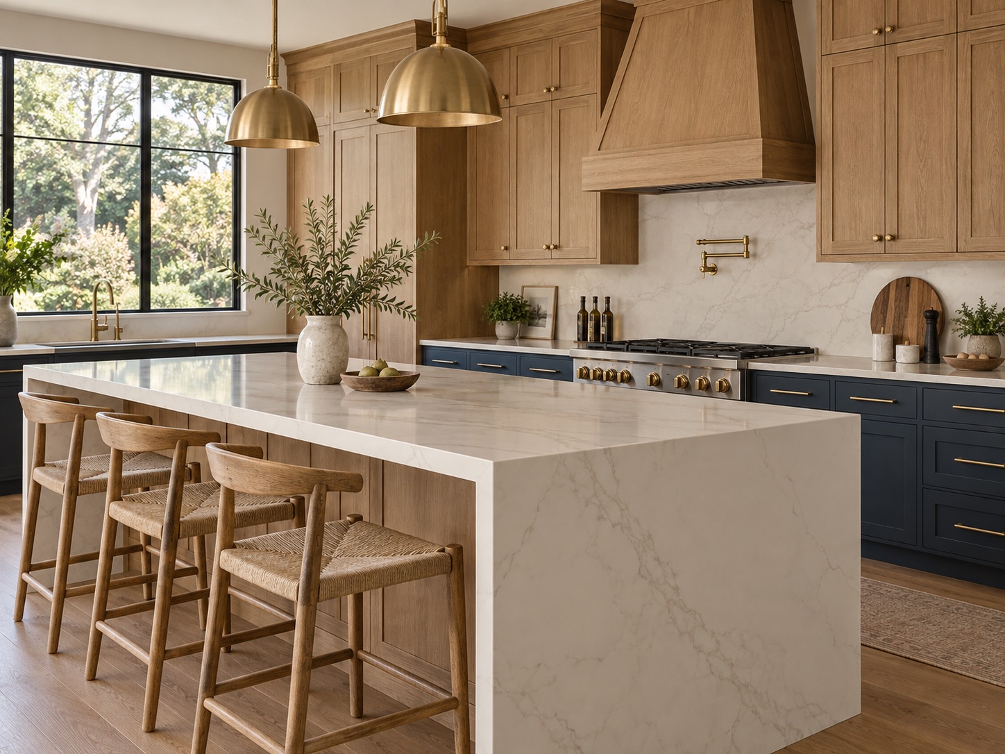 Kitchen design inspiration with a white quartz island, oak cabinetry and navy cabinets